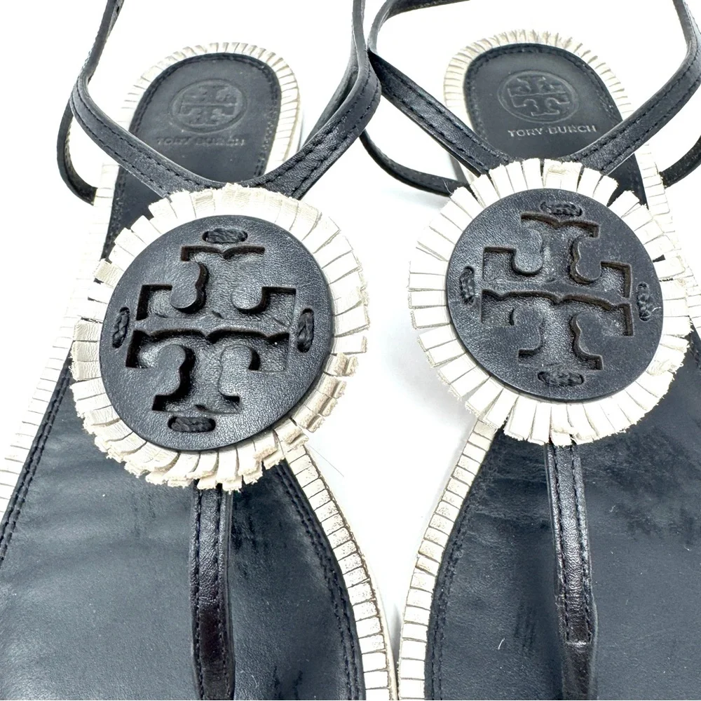 Tory Burch Miller Fringe Ankle Strap Sandals - Black & Off White